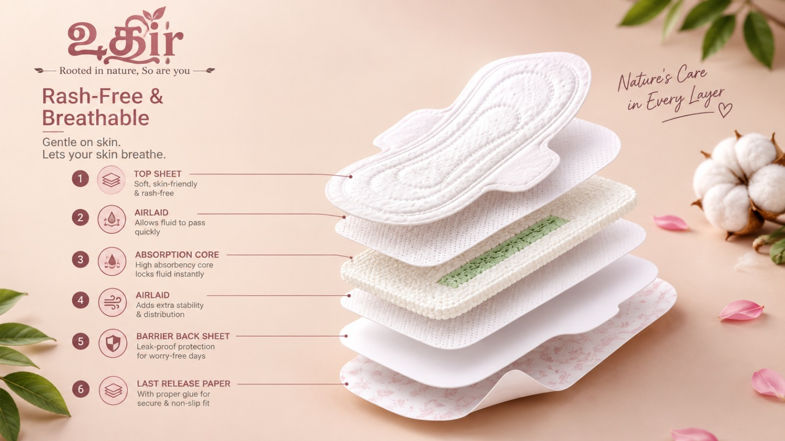 Illustration of UTHIR sanitary pad layers, from the soft top sheet to the absorbent core and leak-proof back sheet